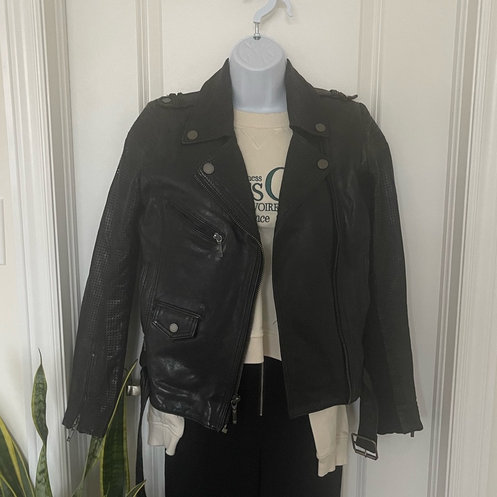 BCBGMaxAzria Black Leather Jacket with Belt - Size S